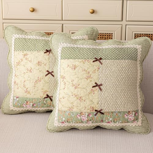 "vctops Set of 2 Quilted 100% Cotton Boho Throw Pillow Covers 18"" x 18"" Farmhouse Country Floral Patchwork Decorative Cushion Cover, Patchwork Flower B"