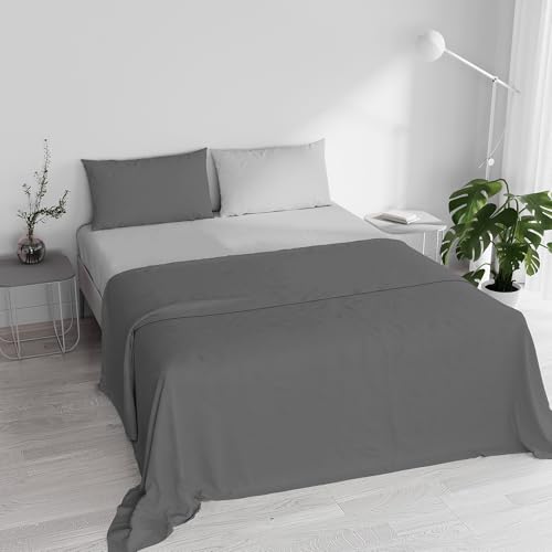 Double Bed Sheet Set, 100% Natural Cotton, Made in Italy – Complete Bed Set, Fitted Sheet, Top Sheet 240 x 300 cm and Pillowcases with Inner Flap, Dark Grey/Light Grey