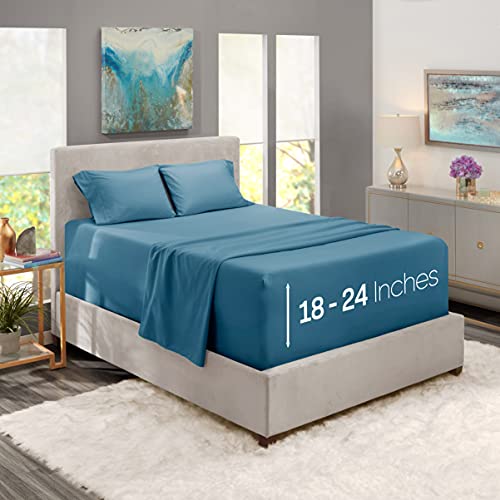 Nestl Extra Deep Pocket Single Bed Sheets - Fits Mattress 18-24 Inches Deep, Extra Deep Pocket Twin Sheets Sets, 4 Piece Twin Size Sheets, Blue Heaven Sheets