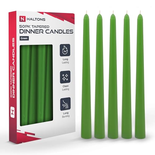 Haltons Tapered Dinner Candles - Unscented Long Candlesticks, 7-Hour Burn Time - Clean-Burning White, Green, Ivory, or Red Taper Candles - Elegant Design for Events, Weddings, and Home Decor (50 Pack)