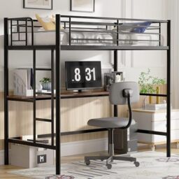 VECELO Loft Bunk Bed with Desk, High Sleeper Bedframe 90×190cm with Removable Ladder and Safety Guardrail, Space-Saving, Noise Free, No Box Spring Needed, Black