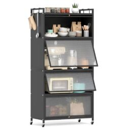 GiantexUK Kitchen Storage Cabinet, Rolling Pantry Cupboard with Flip-Up Doors & Wheels, Freestanding Bakers Rack Metal Storage Shelf for Living Dining Room (Black)