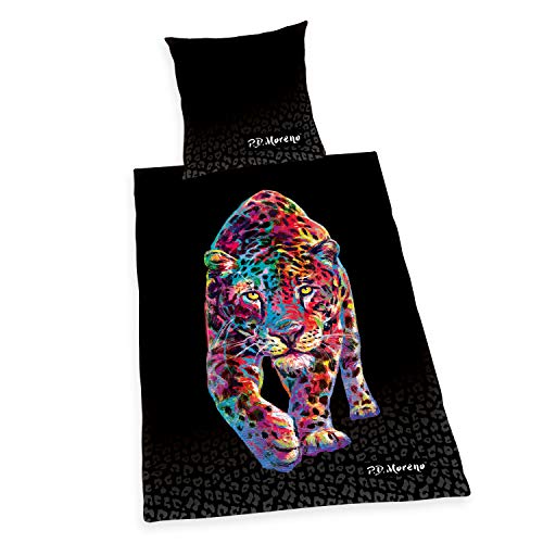 Herding Satin-Bedding Set P.D. Moreno Leopard, Pillow Case 80x80 cm, Duvet Cover 155x220 cm, with smooth-running zipper, 100% Cotton, Satin