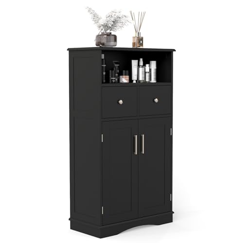 RELAX4LIFE Bathroom Tall Cabinet, 3-Height Adjustable Free Standing Cupboard with Double Door Cabinet, Wooden Storage Organiser Unit for Entryway Living Room Kitchen (Black,2 Drawer + Open Shelf)