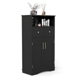 RELAX4LIFE Bathroom Tall Cabinet, 3-Height Adjustable Free Standing Cupboard with Double Door Cabinet, Wooden Storage Organiser Unit for Entryway Living Room Kitchen (Black,2 Drawer + Open Shelf)