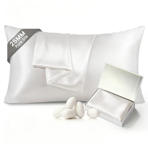 "THXSILK 100% Pure Mulberry Silk Pillowcase for Hair and Skin, 25 Momme Grade 6A+ Mulberry Silk, Durable, Soft and Breathable Silk Pillow Case (King 20""x36"", White)"