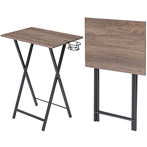 VECELO TV Trays Set of 2, Snack Eating Tables at Couch, Folding Tray Table with Cup Holder, Stable Metal Frame, Easy Assembly and Storage,Coffee