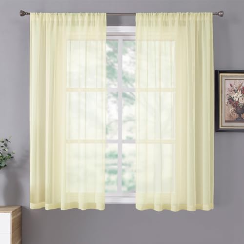 Tollpiz Sheer Curtains Linen Textured Bedroom Curtain Sheers Light Filtering Rod Pocket Voile Curtains for Living Room, 54 x 63 inches Long, Transparent Yellow, Set of 2 Panels