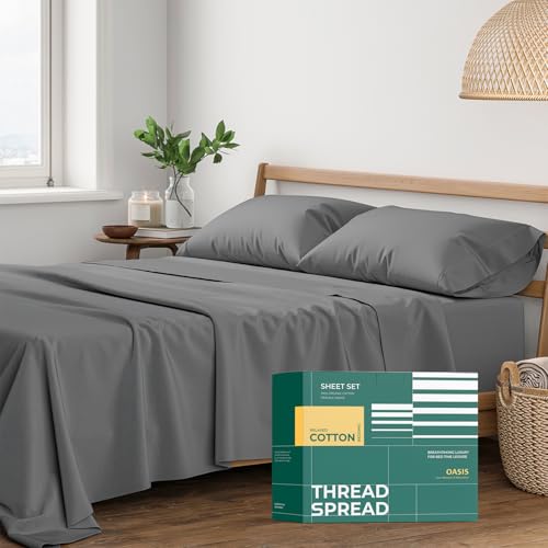 "THREAD SPREAD 100% Organic Cotton Sheets California King Size - 4 PC Organic Cotton Cal King Size Percale Weave Sheet Set, Soft, Cooling & Crisp, 16"" Deep Pocket Hotel Quality Bedding Set - Dark Grey"