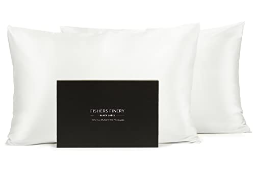 Fishers Finery 100% Pure Mulberry Silk Pillowcase 2 Pack 30mm, Quality Tested by Good Housekeeping (White, Queen)