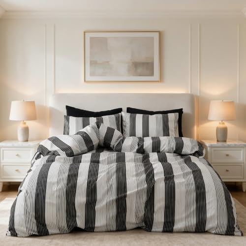 CLOTHKNOW Striped King Comforter Set Black Grey White Bedding Comforter Set - 3Pcs Farmhouse Ticking Bedding Sets, Soft, All Season, Lightweight Quilt Blanket with 2 x Pillowcases