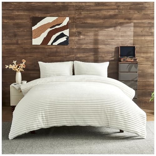 GC GAVENO CAVAILIA Ribbed Fleece Duvet Cover Single - Thermal Warm Polyester Single Duvet Cover Set With Pillow Case - Washable Cozy Fluffy Quilt Cover Winter Bedding Set 135x200 Cm, White