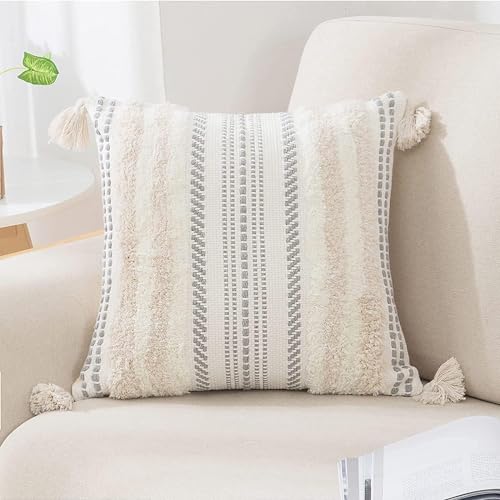 decorUhome Decorative Boho Throw Pillow Cover 20x20, Accent Neutral Textured Tufted Pillow Cover Striped for Couch Bed Sofa, Beige and Cream White, Pack of 1