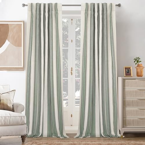 DriftAway Chris Blackout Curtain 2 Panels Back Tab, W52xL108, Loden Green - Blackout, Linen Texture, Stripe Pattern, Two Layers, for Bedroom Living Room Nursury, Thermal Insulated Lined