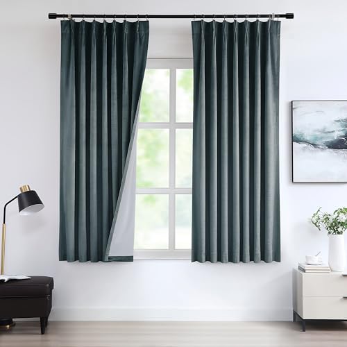 "Vision Home Storm Blue Velvet Pinch Pleated Blackout Curtains 95% Room Darkening Pleat Velvet Drapes 72 inch for Living Room Bedroom Thermal Insulated Window Panels with Hooks Back Tabs 40"" Wx72 Lx2"