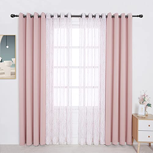 Bonzer 4 Panels Set Mix and Match Curtains for Bedroom Living Room - 2 Pieces Branch Print Sheer Curtains & 2 Pieces Blackout Curtains Privacy Grommet Window Drapes, 54x63 Inch/Panel, Blush