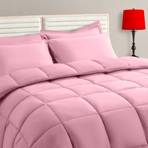 TAIMIT Pink Full Size Comforter Set - 7 Pieces, Bed in a Bag Bedding Sets with All Season Soft Quilted Warm Fluffy Reversible Comforter,Flat Sheet,Fitted Sheet,2 Pillow Shams,2 Pillowcases