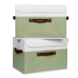 ANMINY 2PCS Storage Boxes with Lid Washable Decorative Storage Bins Basket with PU Leather Handle Foldable Linen Fabric Storage Cubes Containers for Home Closet Organizer - Green White, Large Size