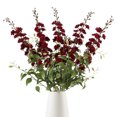 IPOPU Dark Red Flowers Artificial Delphinium 9PCS Burgundy Larkspur Artificial Flowers with Clematis Greenery Burgundy Silk Flowers for Wedding Centerpieces for Home Table Decor (Dark Red)