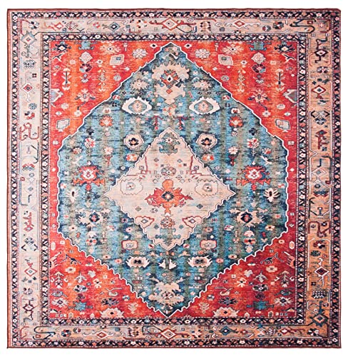 Safavieh Traditional Rug Ideal for High Traffic Areas - Machine Washable and Non Slip - Tucson Collection, Short Pile, in Beige and Blue, 152 X 152 cm