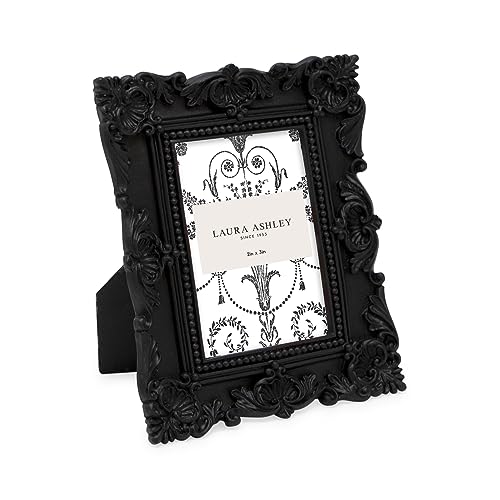 Laura Ashley 2x3 Black Ornate Textured Hand-Crafted Resin Picture Frame with Easel, for Tabletop & Wall Display, Decorative Floral Design Home Décor, Photo Gallery, Art & More (2x3, Black)