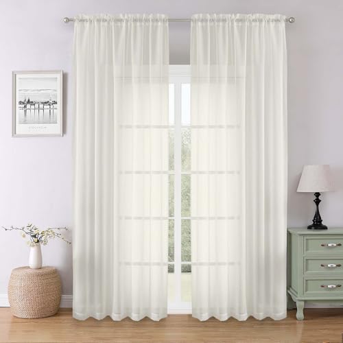 "Lecloud Ivory Sheer Curtains 90 Inches Long 2 Panels, Light Filtering Airy Voile Curtain Drapes, Extra Wide Elegant Window Treatments for Living Room Bedroom with Dual Rod Pocket, 59"" W x 90"" L"