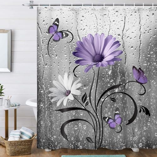 Uokiuki Rustic Purple Floral Boho Shower Curtain, Country Farmhouse Daisy Flowers and Butterfly Shower Curtain for Bathroom, Grey Gray Violet Surreal Floral Bathroom Curtain with 12PCS Hooks, 70X75IN