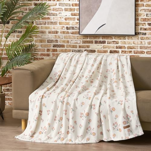 "Lucky Brand Daisy Ivory Floral 50""X70"" Cozy Plush Blanket - Premium Microfiber Throw for Luxurious Comfort and Style"