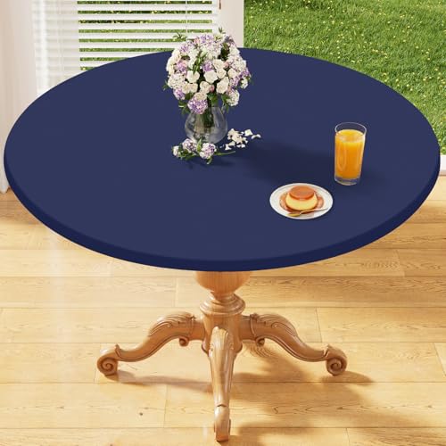 "Homing Round Elastic Fitted Tablecloth, Water-Resistant Fabric Tablecloths for 31""-35"" Tables, Washable Polyester Table Cover for Picnic, Caming, Dinner, Indoor & Outdoor, Navy"