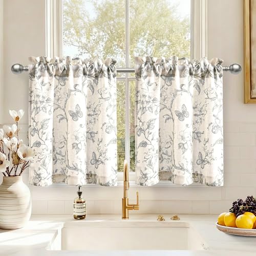 DWCN Floral Kitchen Curtains, 36 Inch Linen Tier Curtains, Farmhouse Cafe Half Window Drapes, Light Filtering for Living Room, Rod Pocket, 2 Panels, Grey on Beige, W30 x L36