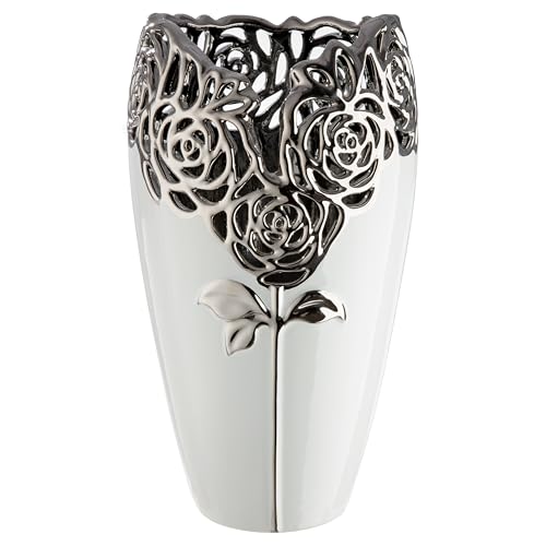 GILDE Rose Vase Ceramic Height 32 cm x Diameter 18 cm White Glazed with Rose Motif Decorative Vase