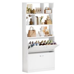 IRONCK Shoe Cabinet with 2 Flip Drawers, Slim Shoe Storage Cabinet, Freestanding Shoe Rack Cabinet with 3-Tier Open Shelves, Wooden Shoe Cupboard for Hallway, Entryway, Living Room, 80x24x165CM, White