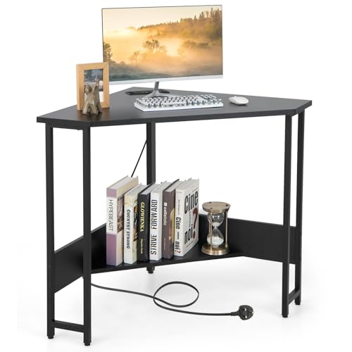 CASART Corner Computer Desk, Triangular Writing Desk with Power Outlet & Metal Frame, Space Saving PC Laptop Table Workstation for Home Office Bedroom Living Room (Black, Without Keyboard Tray)