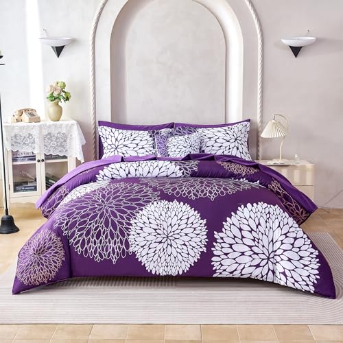 Koniroom 8-Piece Purple Comforter Set Queen Size - Reversible Purple White Flower Bed in a Bag with Sheets, Pillowcases, Shams, and Decorative Pillow Cover