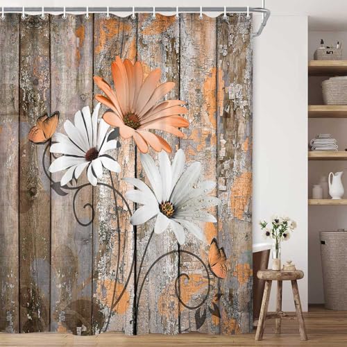 JAWO Farmhouse Flower Floral Shower Curtain, Rustic Orange Daisy Shower Curtain Set, Country Orange Wild Garden Plant Fabric Shower Curtain with Hooks, Brown Wooden Board Bathroom Curtain, 69x84inch