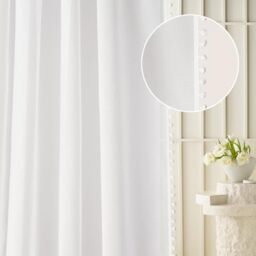ROOM99 Malia Spirit Eyelet Curtain 140 x 260 cm Width x Height Living Room Transparent Modern Curtain Scarf Living Room Bedroom Pompoms White 1 Piece