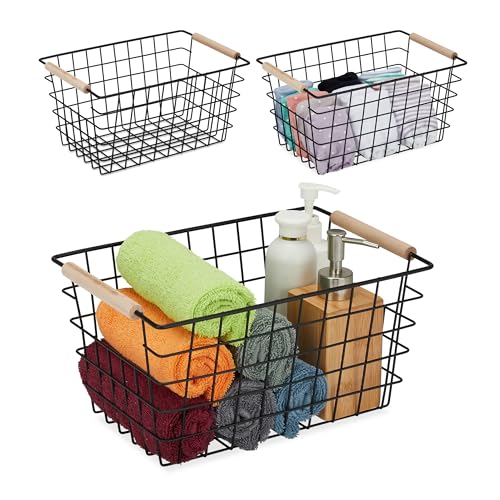 Relaxdays Wire Baskets, Set of 3, Wooden Handles, 16 x 31 x 21 cm, Shelf Tidy, Bathroom & Kitchen Organiser, Black