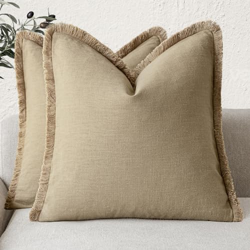 Foindtower - Set of 2 Decorative Fringe Linen Throw Pillow Covers - Farmhouse Style Fringe Cushion Covers with Tassels - For Couch, Chair, Bed, Living-Room - Home Decor - 45 x 45 cm - Light Khaki