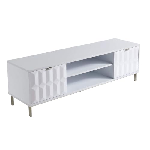 Home Source TV Cabinet Storage High Gloss 2 Door Sideboard Entertainment Unit Stand Media Shelves, Engineered Wood, White