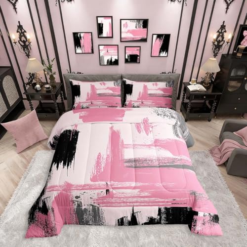 Erosebridal Girls Pink and Black Comforter Set Full Size Girly Abstract Pink Comforter Set for Kids Teens Women Geometric Modern Bedding Sets Minimalists Striped Art Bed Sets for Adults Boys Men