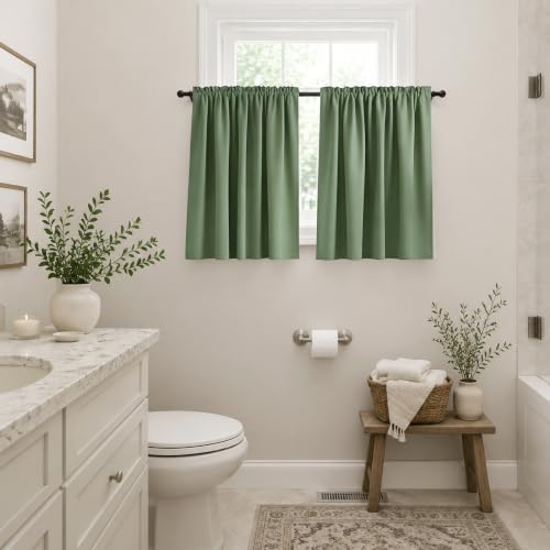 Mrs.Naturall Kitchen Curtains Green Short Blackout Blinds Small Window Treatments Curtains for Bedroom Bathroom Set of 2 Panels Sage Color 34 x 30 Inch Length