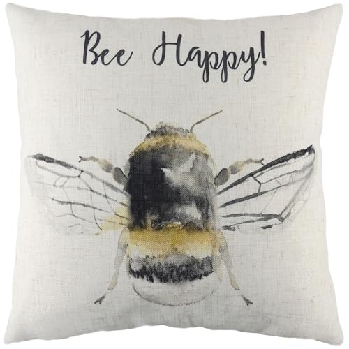 furn. Evans Lichfield Bee Happy Polyester Filled Cushion – Watercolour Botanical Nature Bees Decorative Pillow (White – 43x43cm)