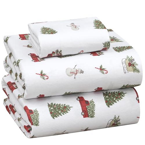Ruvanti 100% Cotton 4 Pcs Flannel Sheets Queen Size, Deep Pocket, Warm, Super Soft, Breathable, Moisture Wicking Queen Sheets, Bed Sheets Include Flat, Fitted Sheet, 2 Pillowcase - Jingle Bell
