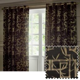 Paoletti Bamboo Eyelet Curtain Pair – Lined Room Darkening Geometric Jacquard Luxury Curtains (Black - 117x183cm)
