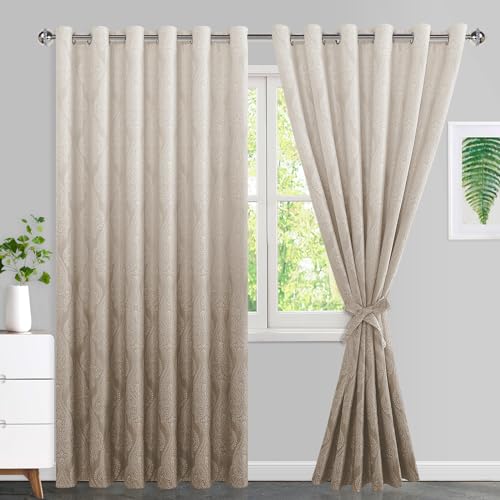 JIUZHEN Taupe Ombre Blackout Curtains for Bedroom??? Damask Patterned Thermal Insulated Noise Reducing Grommet Curtains with Tiebacks, 70 x 84 Inches, Set of 2 Window Curtain Panels