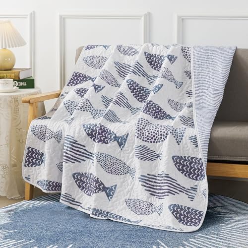 "SLPR Sea of Dreams 50"" x 60"" Quilted Throw Blanket, Blue and White Ocean-Inspired Throw Quilts for Couch and Bed, Nautical Fish Design, Lake Themed Coastal Lap Quilt for Beach House"