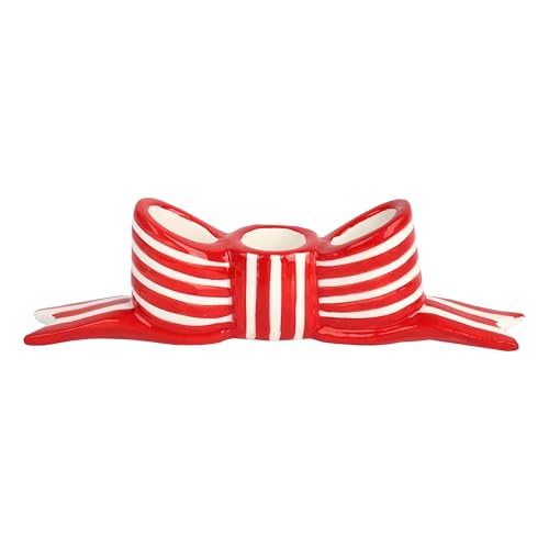 Talking Tables Red & White Bow Candle Holder – Ceramic Christmas Table Centrepiece, Festive Stripe Candle Stick Holder for Dinner Candles, Holiday Home Décor