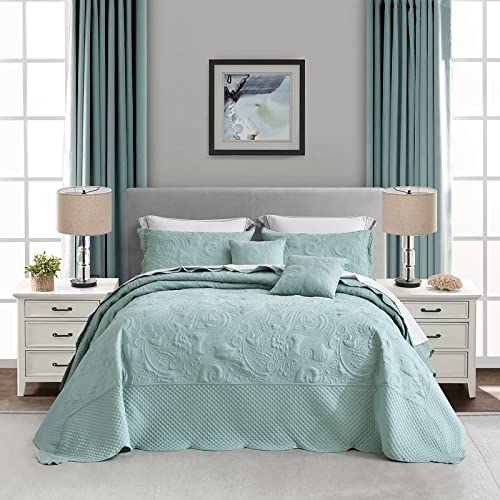 Blythease Oversized King Bedspread 128x120, Stitched Paisley, Seaglass - Extra Wide Coverage, 5-Piece Quilt Set, Lightweight Reversible Coverlet, Scalloped Edge, King/Cal King
