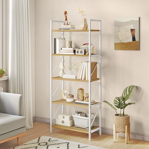 YITAHOME Bookshelf, 5 Tiers Bookcase Tall Book shelf with Metal Frame, Industrial Display Storage Rack, Shelving Units for Living Room Bedroom Home Office Kitchen, White and Oak Book Shelves