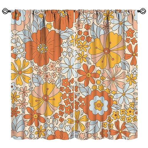 Retro 70s Floral Blackout Curtains Hippie Summer Groovy Flower Power Flower Boho Print Suitable for Home Bedroom Window Drapes Abstract Aesthetics Decoration 2 Panels 42x45 Inch